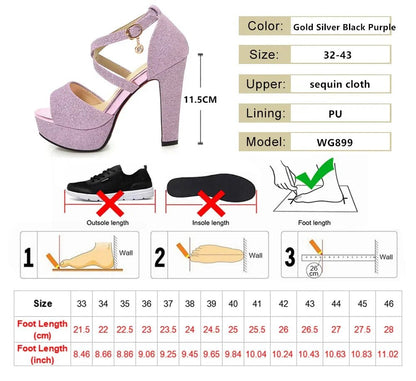 Purple high-heeled shoe with size chart on a white background