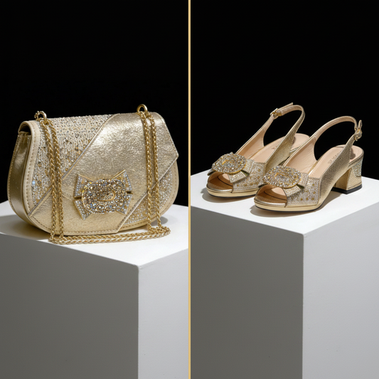 Gold Rhinestone Handbag & Heels — Large Scale Black Studio Split Editorial