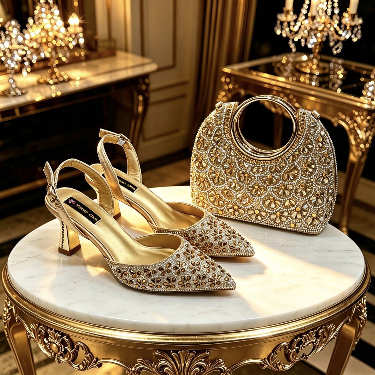 Elegant Rhinestone Pointed Toe Heels & Matching Handbag Set - Gold - Women - Shoes - Milvertons