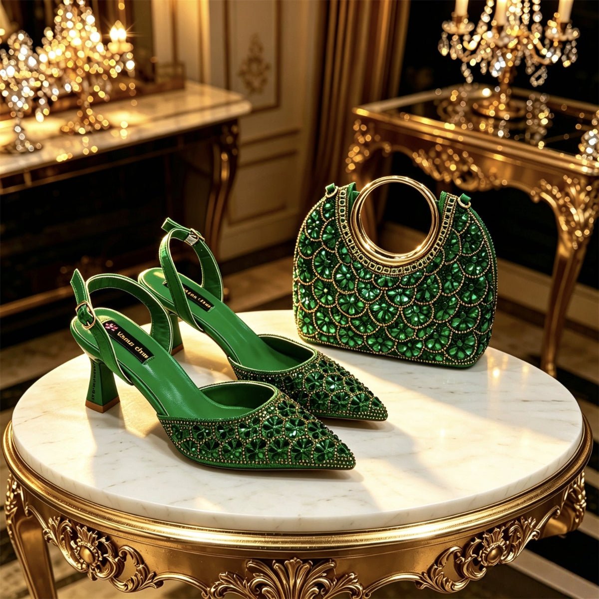 Elegant Rhinestone Pointed Toe Heels & Matching Handbag Set - green - Women - Shoes - Milvertons