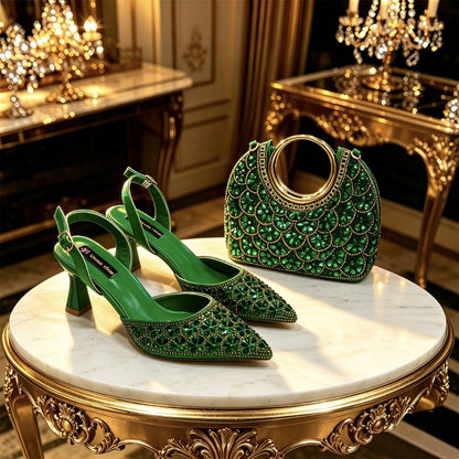 Elegant Rhinestone Pointed Toe Heels & Matching Handbag Set - green - Women - Shoes - Milvertons