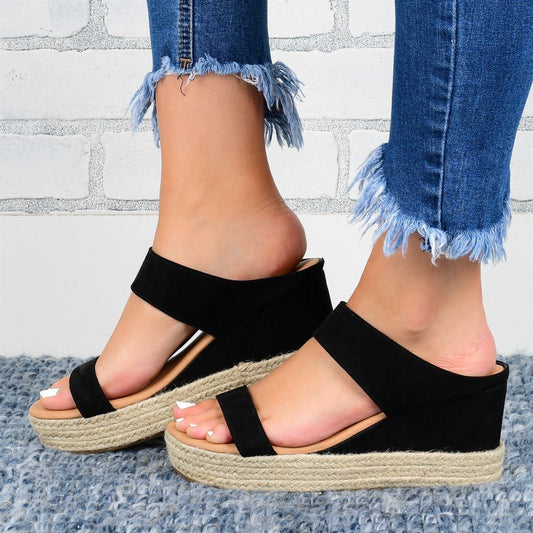 Hemp Wedge Heel Slippers – Casual Sandals for Women - Black - Women - Shoes - Milvertons