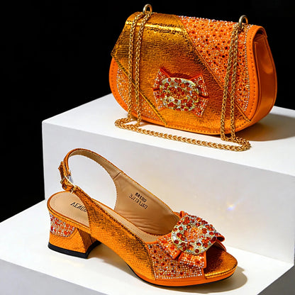 Orange embellished Italian High Heel Shoe and Bag Set – Elegant Party Style on a white platform with black background