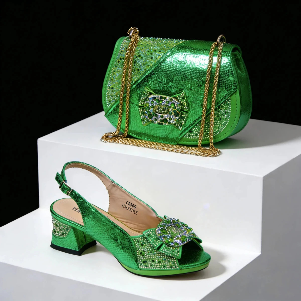 Green sparkling Italian High Heel Shoe and Bag Set – Elegant Party Style on a white platform with a black background