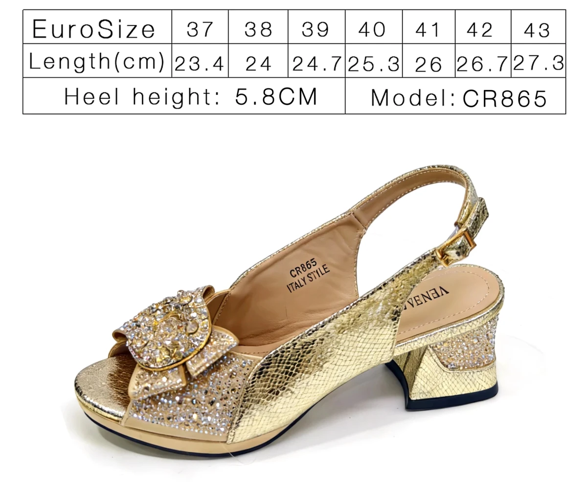 Gold high-heeled shoe with size chart on a white background