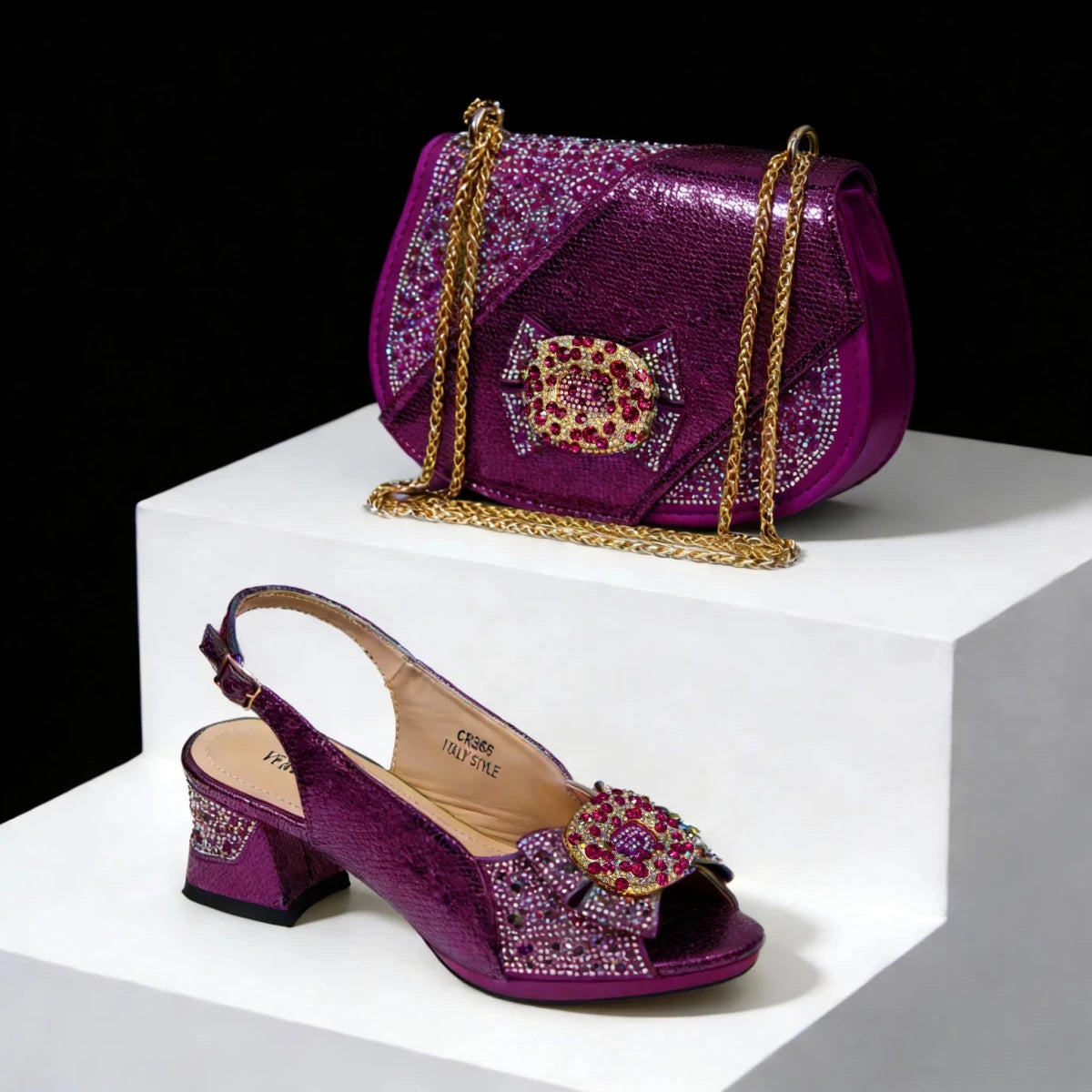 Purple embellished Italian High Heel Shoe and Bag Set – Elegant Party Style on a white platform with black background