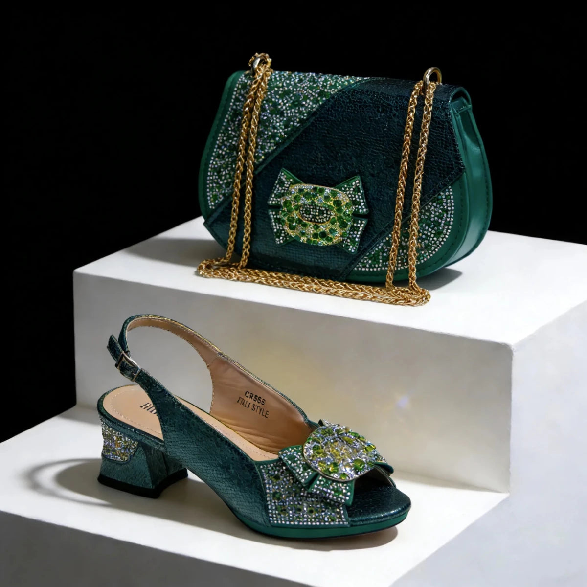 Green embellished Italian High Heel Shoe and Bag Set – Elegant Party Style on a white platform with black background