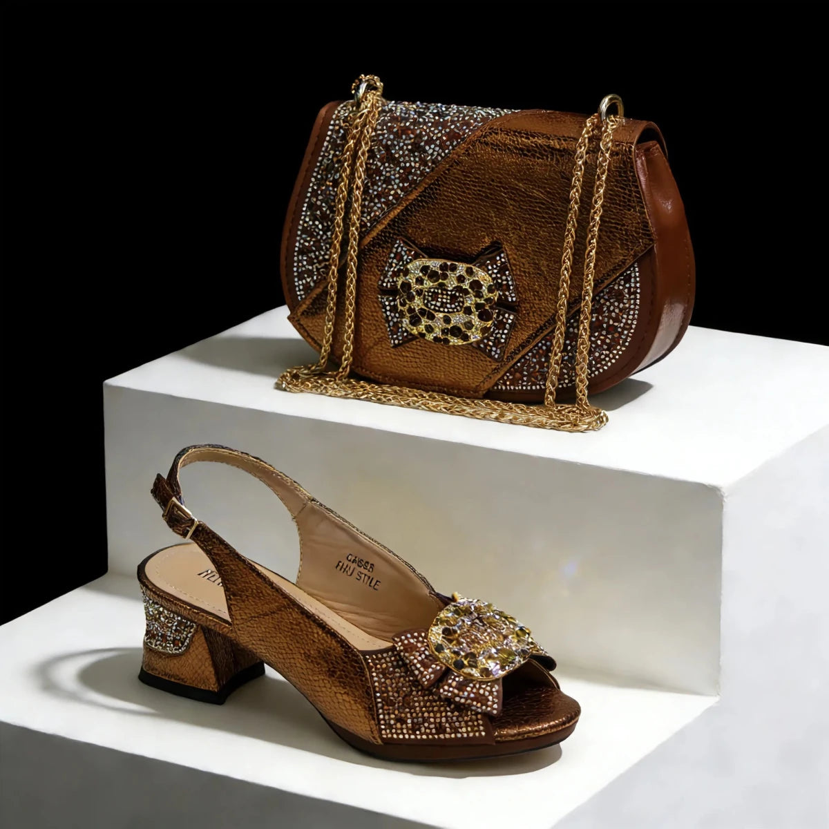 Brown embellished Italian High Heel Shoe and Bag Set – Elegant Party Style on a white platform with black background