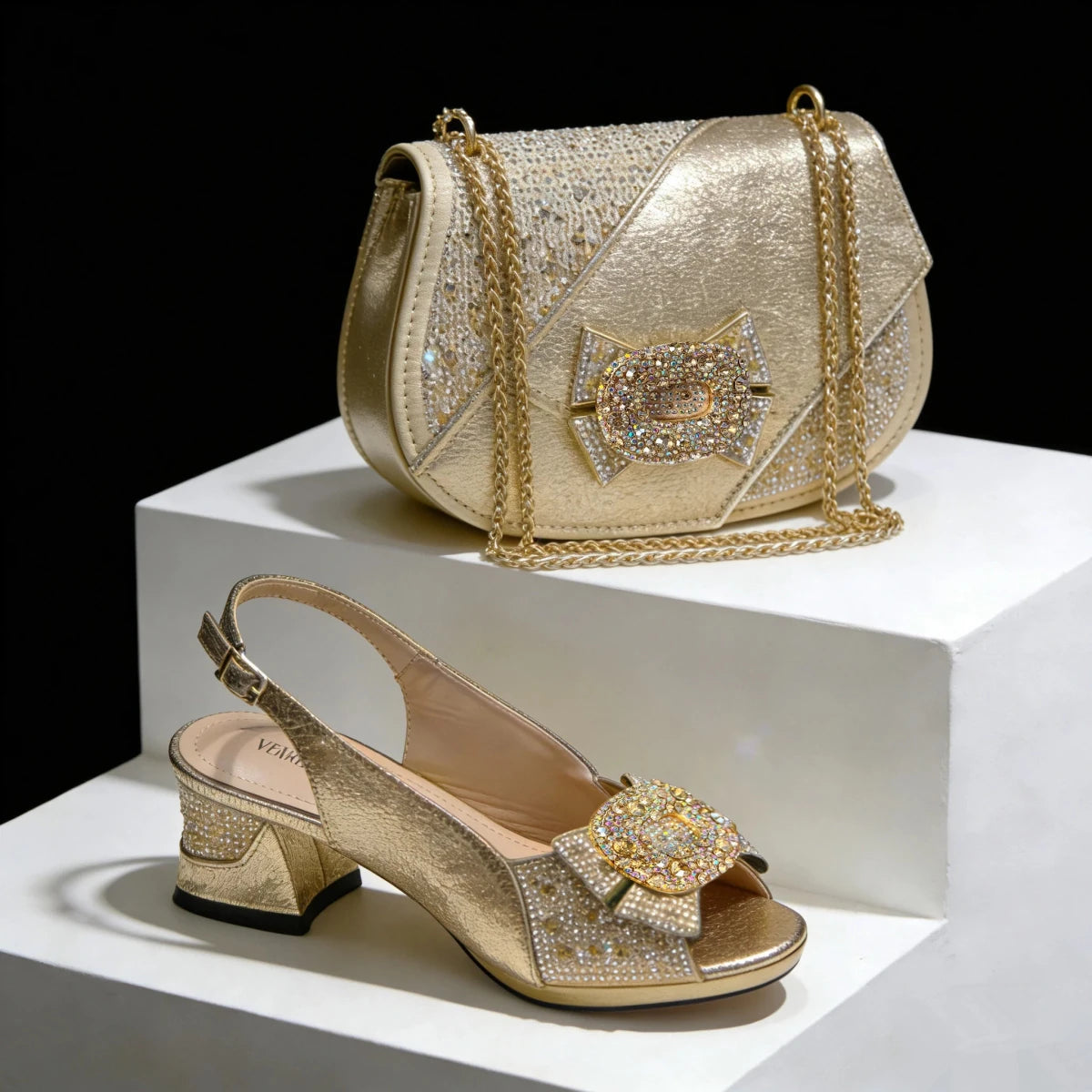 Gold embellished Italian High Heel Shoe and Bag Set – Elegant Party Style on a white platform with black background