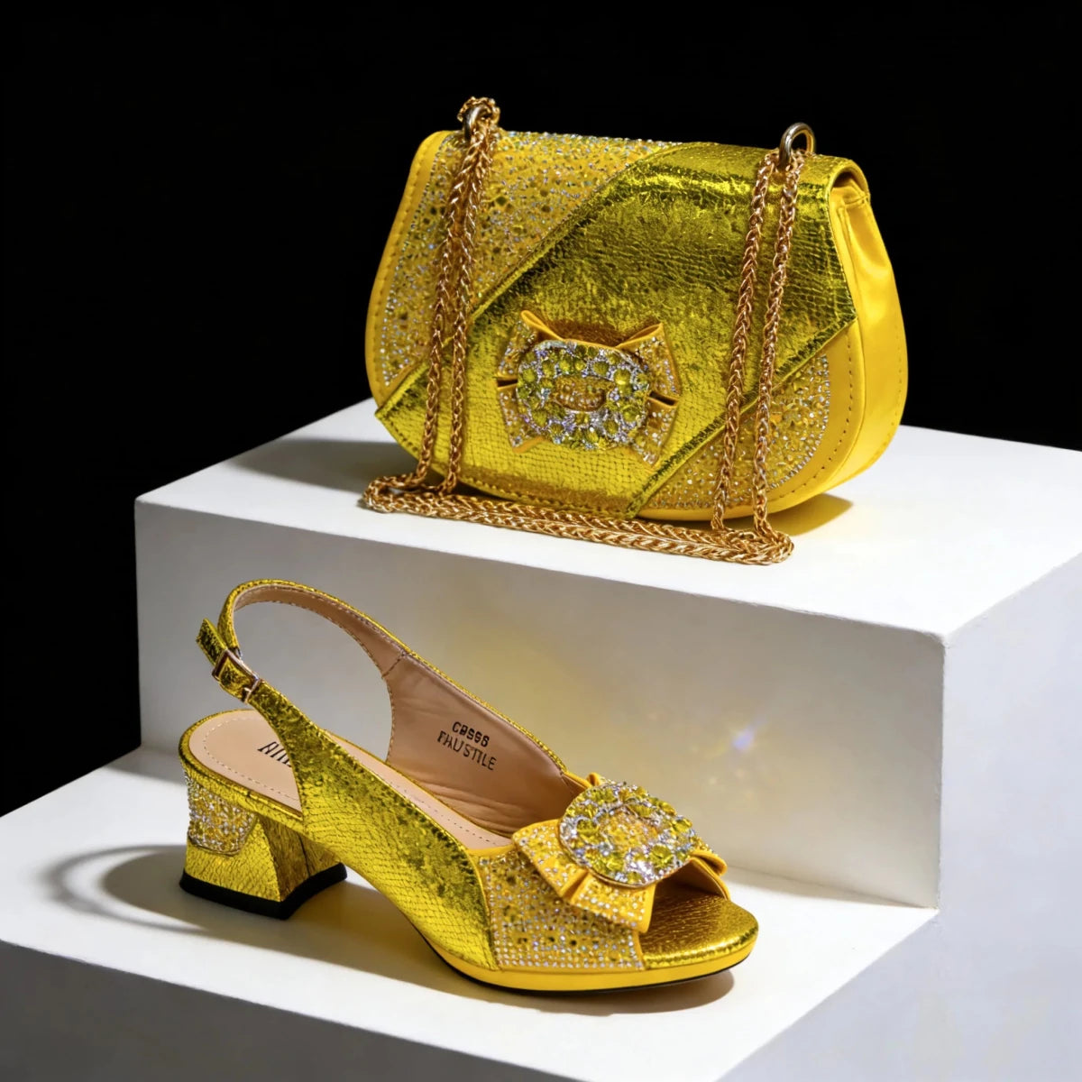 Yellow glittery Italian High Heel Shoe and Bag Set – Elegant Party Style on a white platform with black background