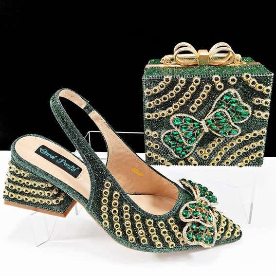 Italian Crystal High Heels and Clutch Bag Set for Parties - Green - Women - Shoes - Milvertons