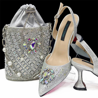 Italian Design Rhinestone Shoes and Bag for African Weddings - Silver - Women - Shoes - Milvertons