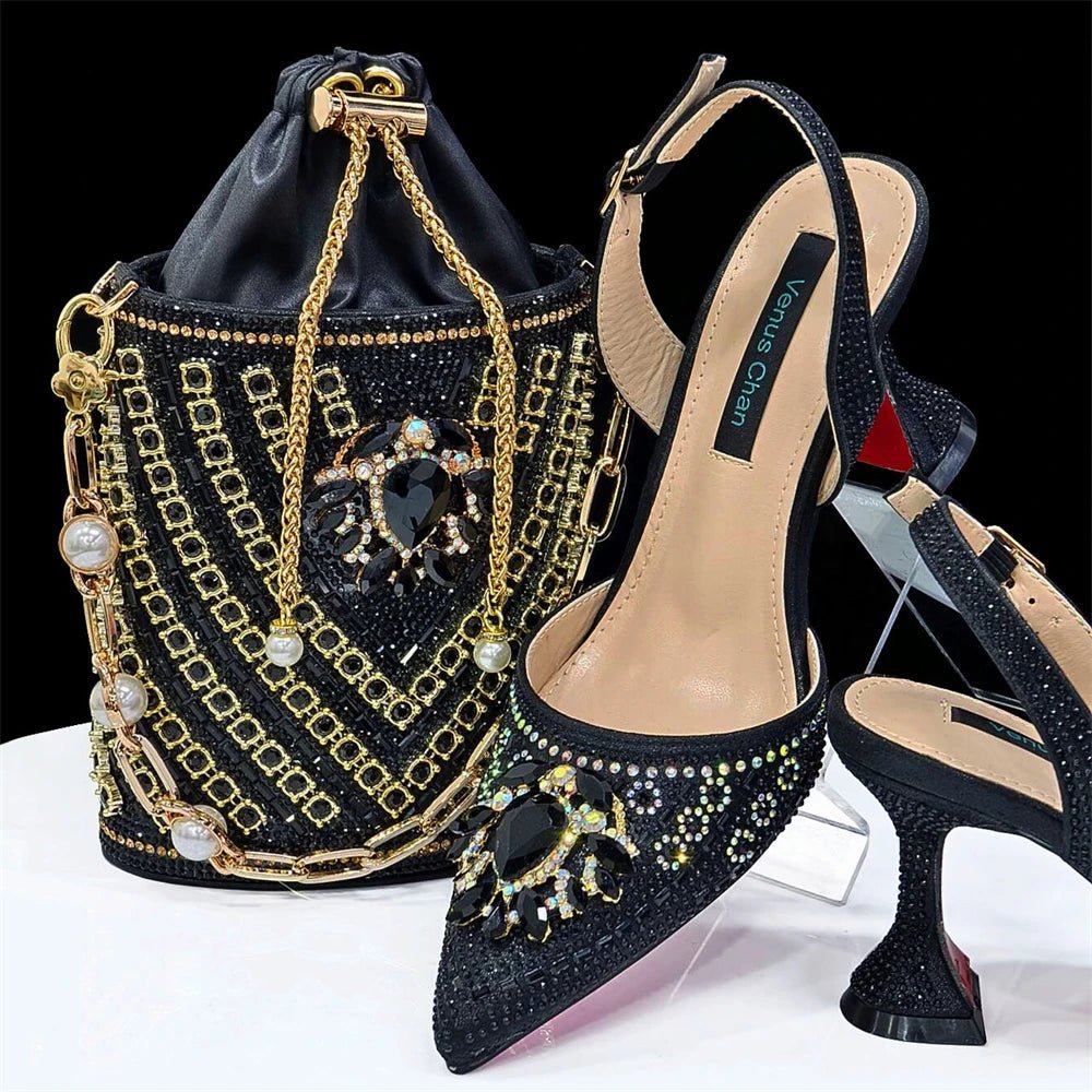 Italian Design Rhinestone Shoes and Bag for African Weddings - Black - Women - Shoes - Milvertons