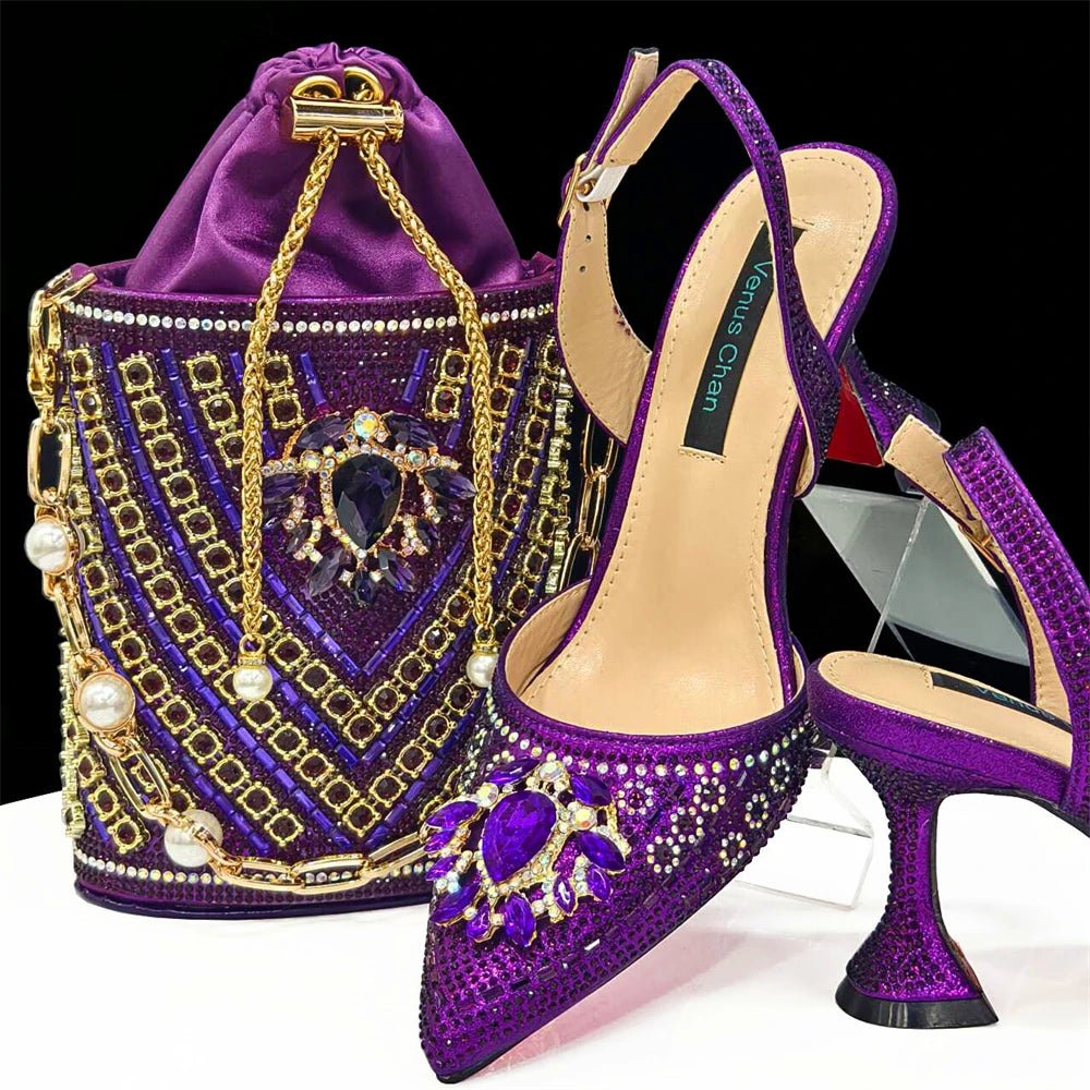 Italian Design Rhinestone Shoes and Bag for African Weddings - Purple - Women - Shoes - Milvertons