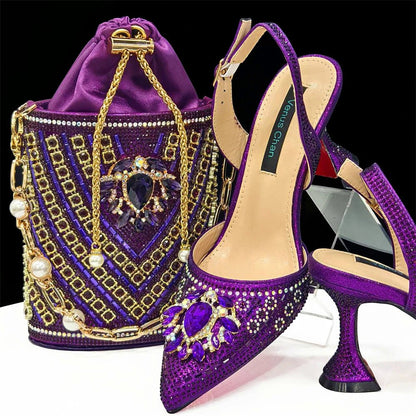 Italian Design Rhinestone Shoes and Bag for African Weddings - Purple - Women - Shoes - Milvertons