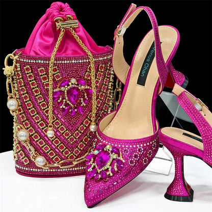 Italian Design Rhinestone Shoes and Bag for African Weddings - Fuchsia - Women - Shoes - Milvertons