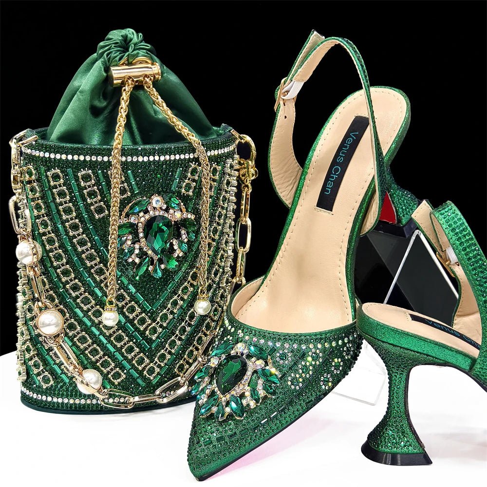 Italian Design Rhinestone Shoes and Bag for African Weddings - Green - Women - Shoes - Milvertons