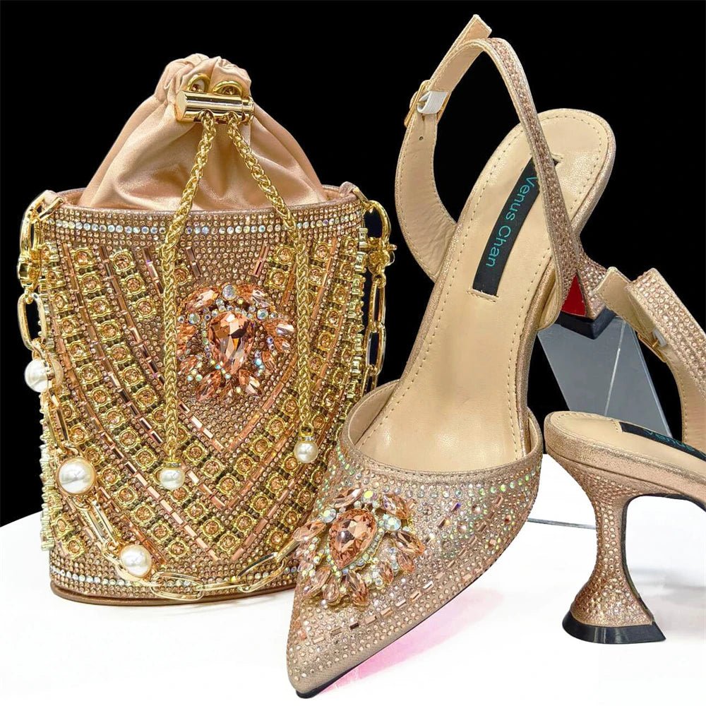 Italian Design Rhinestone Shoes and Bag for African Weddings - Champagne - Women - Shoes - Milvertons