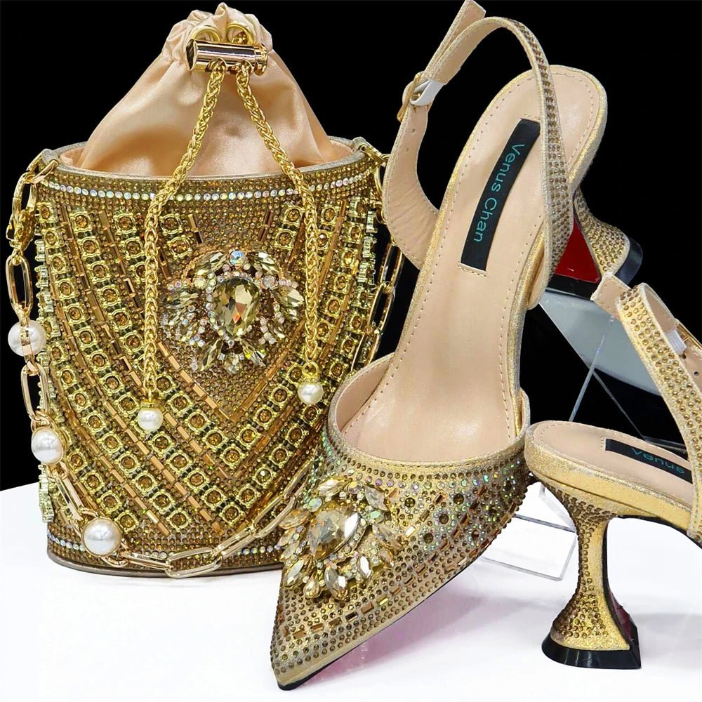 Italian Design Rhinestone Shoes and Bag for African Weddings - Gold - Women - Shoes - Milvertons