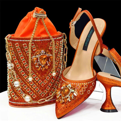 Italian Design Rhinestone Shoes and Bag for African Weddings - Orange - Women - Shoes - Milvertons