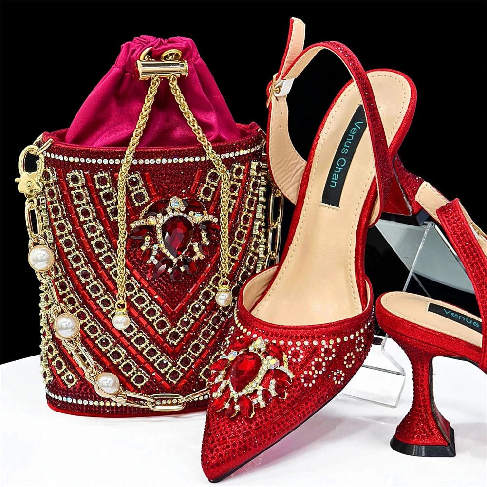 Italian Design Rhinestone Shoes and Bag for African Weddings - Red - Women - Shoes - Milvertons