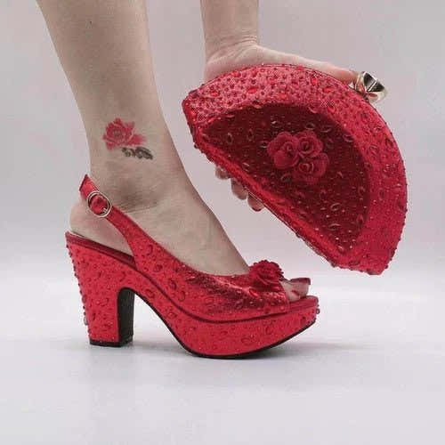 Italian Design Rhinestone Shoes and Matching Bag for Weddings - Red - Women - Shoes - Milvertons