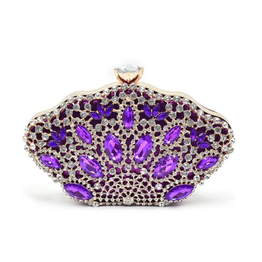 Elegant clutch bag with purple gemstones on a white background