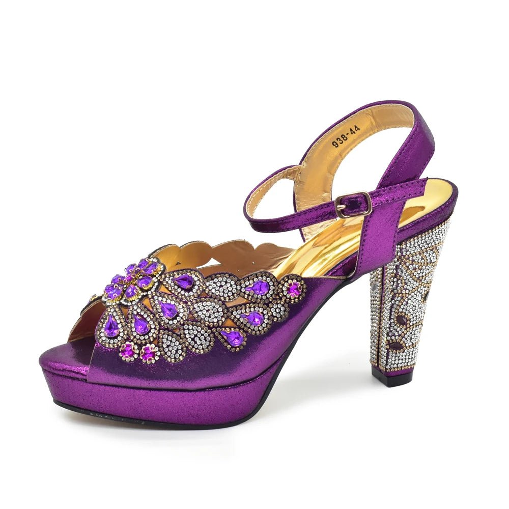 Purple high-heeled sandal with embellishments on a white background