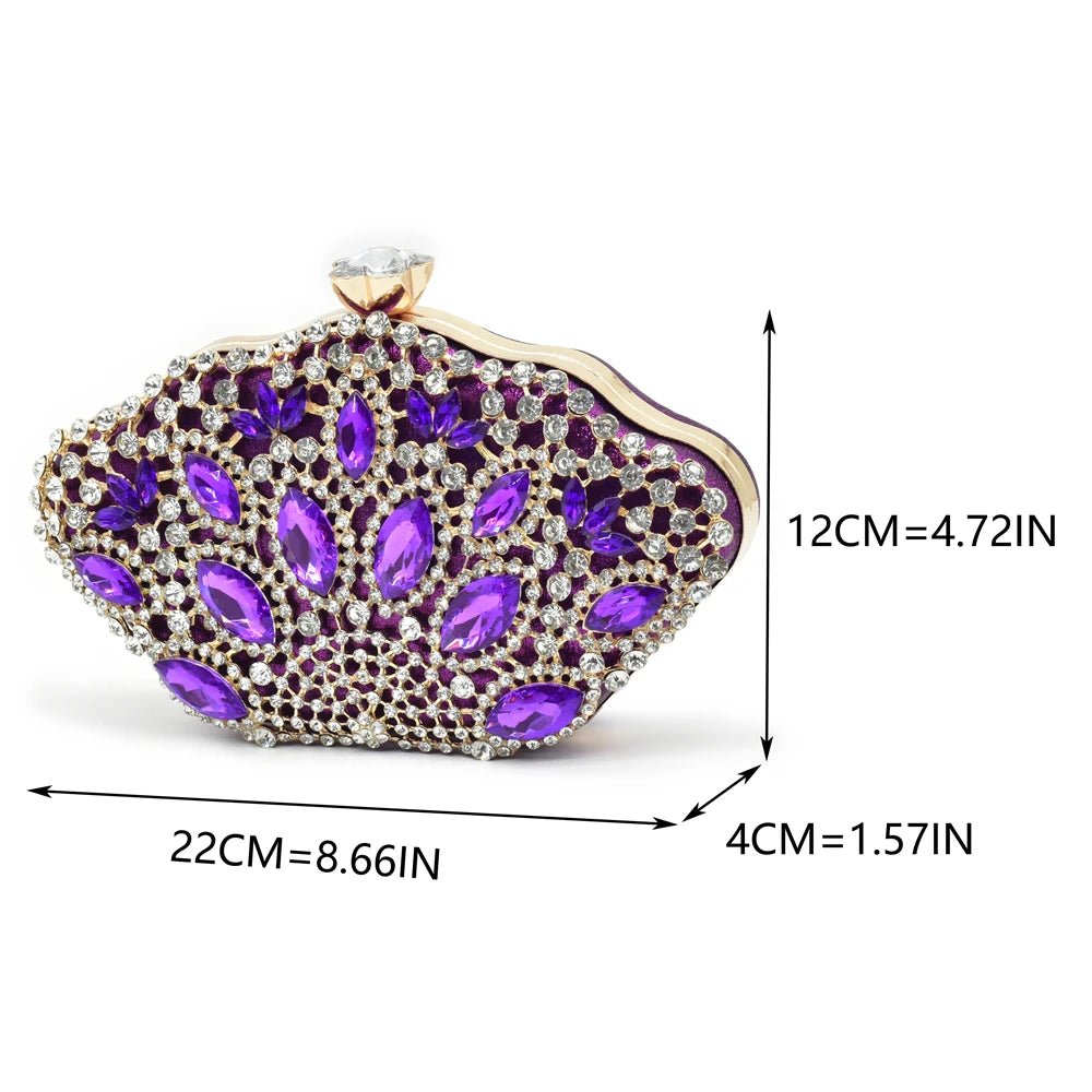 Purple beaded clutch bag with measurements on a white background