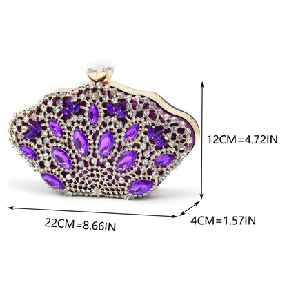 Purple beaded clutch bag with measurements on a white background