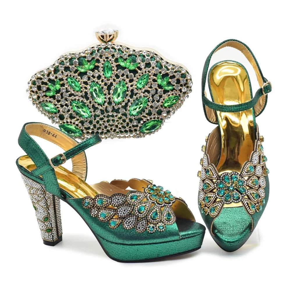 Green high-heeled shoes with detailed embellishments and a matching clutch on a white background