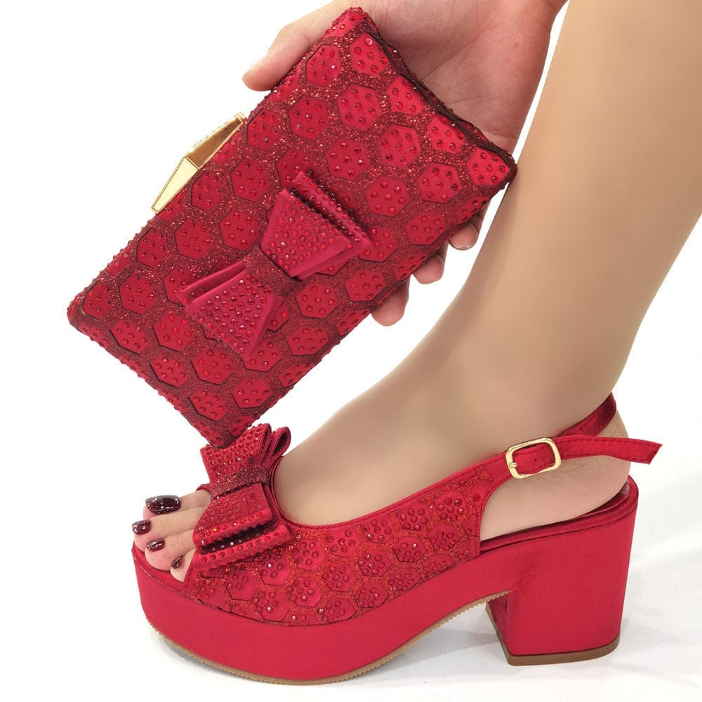Italian Fashion Shoes & Bag Set Bling Block Heel Pumps - Red - Women - Shoes - Milvertons