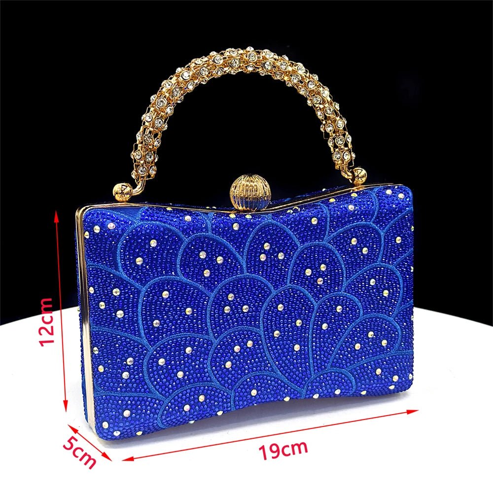 Blue Italian Matching Bag – Elegant Rhinestone, with decorative handle and measurements on a black background