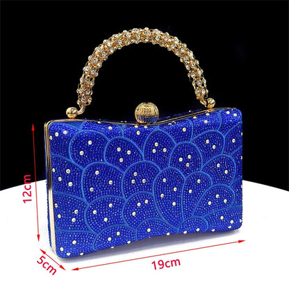 Blue Italian Matching Bag – Elegant Rhinestone, with decorative handle and measurements on a black background