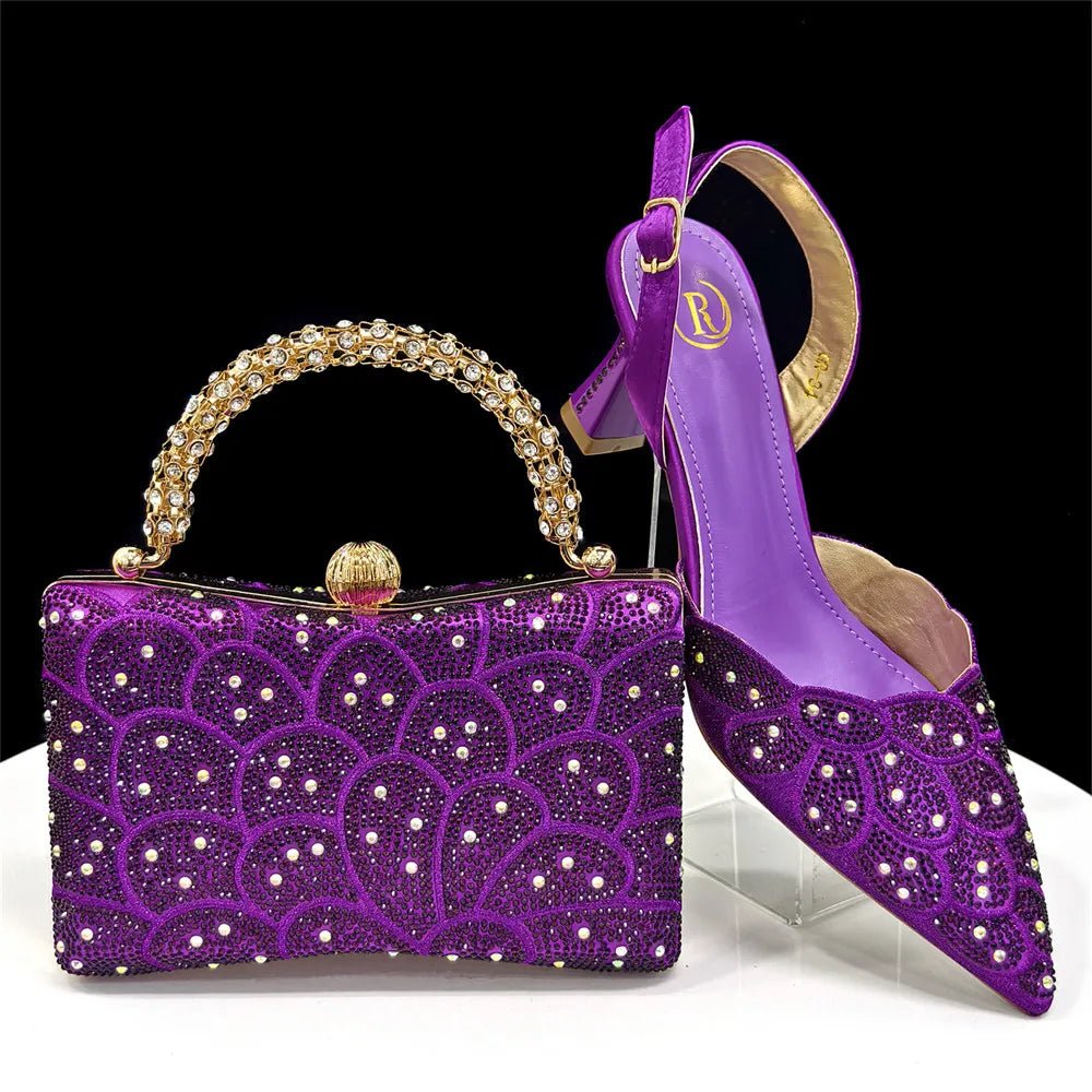 Purple Italian Heels and Matching Bag Set – Elegant Rhinestone, with intricate designs, on a white background