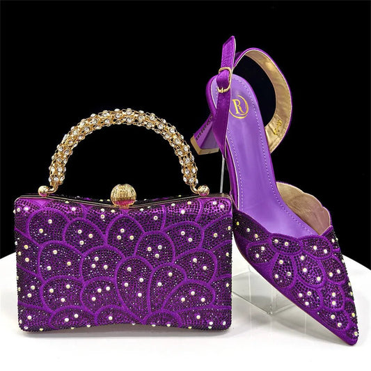 Purple Italian Heels and Matching Bag Set – Elegant Rhinestone, with intricate designs, on a white background