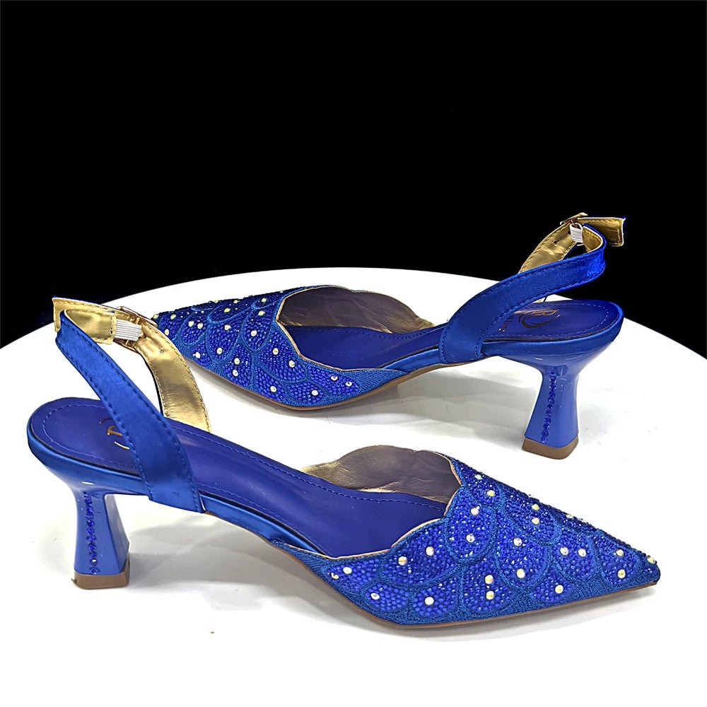 Pair of blue Italian Heels and Matching Bag Set – Elegant Rhinestone, on a white background