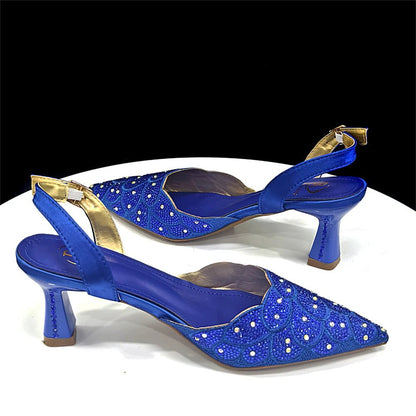 Pair of blue Italian Heels and Matching Bag Set – Elegant Rhinestone, on a white background