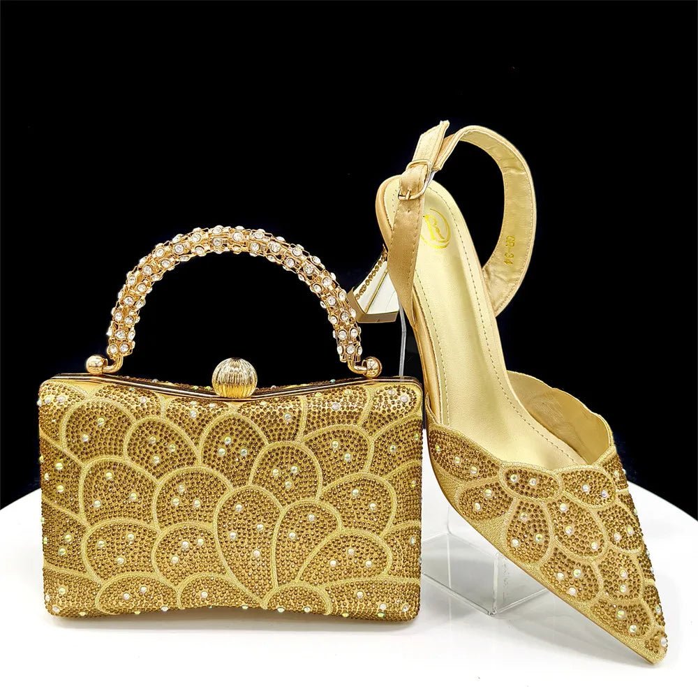 Gold Italian Heels and Matching Bag Set – Elegant Rhinestone, with intricate designs, on a black background