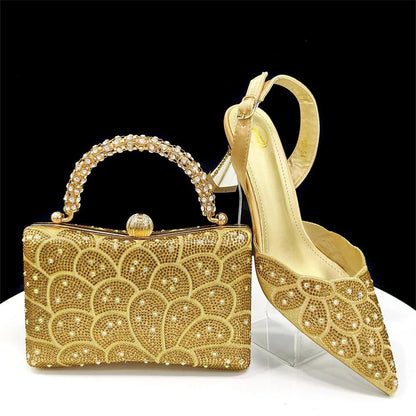 Gold Italian Heels and Matching Bag Set – Elegant Rhinestone, with intricate designs, on a black background