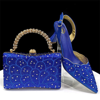 Blue Italian Heels and Matching Bag Set – Elegant Rhinestone on a white background