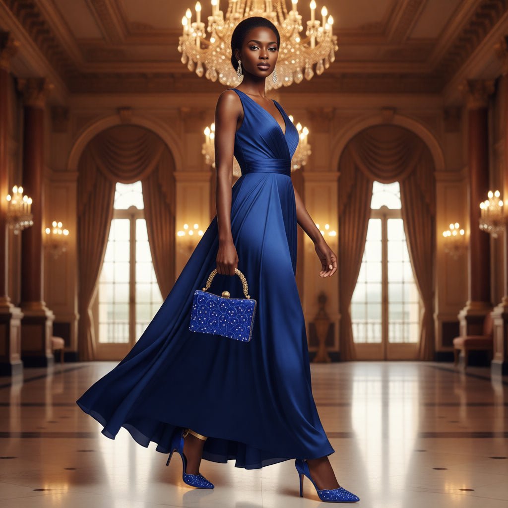 Woman in a blue dress wearing the blue Italian heels with elegant rhinestones and holding a matching handbag, in an elegant room with chandeliers.