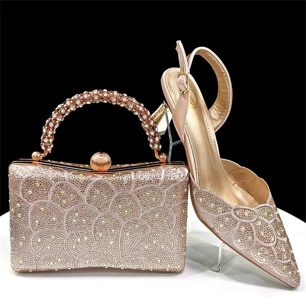 Sparkling Italian Heels and Matching Bag Set – Elegant Rhinestone, with intricate designs, on a black background