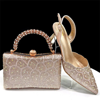 Sparkling Italian Heels and Matching Bag Set – Elegant Rhinestone, with intricate designs, on a black background
