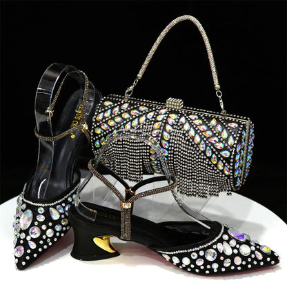 Italian Pointed Heel & Bag Set Diamond Lace Matching Design - Black - Women - Shoes - Milvertons
