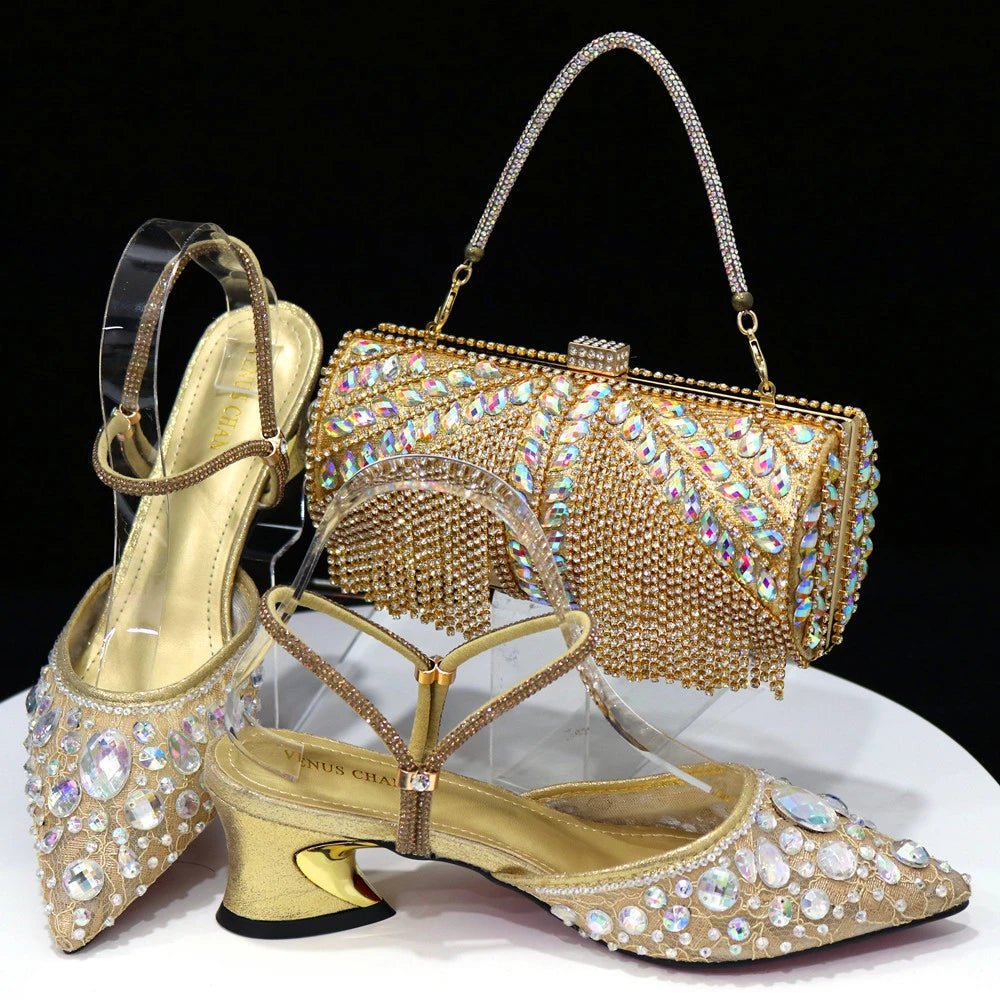 Italian Pointed Heel & Bag Set Diamond Lace Matching Design - Gold - Women - Shoes - Milvertons