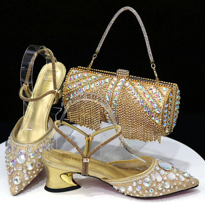 Italian Pointed Heel & Bag Set Diamond Lace Matching Design - Gold - Women - Shoes - Milvertons