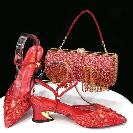 Italian Pointed Heel & Bag Set Diamond Lace Matching Design - Red - Women - Shoes - Milvertons
