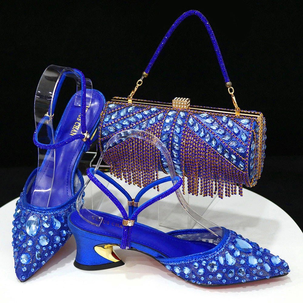 Italian Pointed Heel & Bag Set Diamond Lace Matching Design - Blue - Women - Shoes - Milvertons