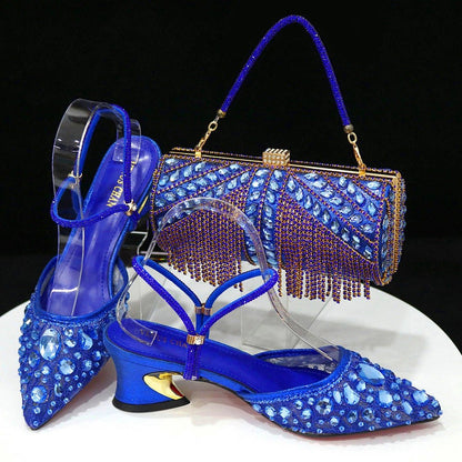 Italian Pointed Heel & Bag Set Diamond Lace Matching Design - Blue - Women - Shoes - Milvertons